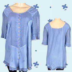 Denim 24/7 12W Blue Floral Embroidered Button Ruffle Half Sleeve Bohemian Blouse